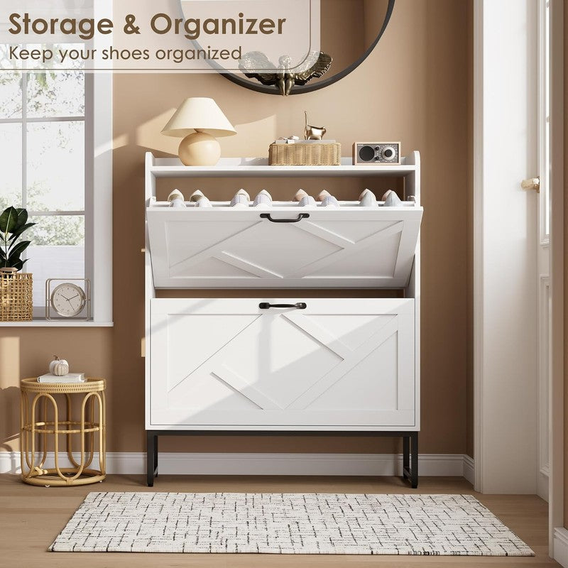 Shoe Cabinet 2 Flip Drawers Freestanding Narrow Rack Entryway Foyer White2