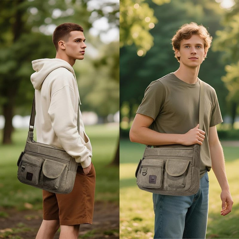 Canvas Shoulder Bag Men Multi Pocket 13 Inch Laptop Crossbody Travel Bag1