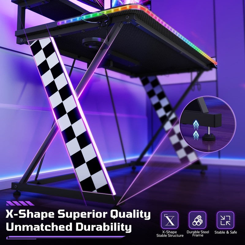 43" X-Shaped Gaming Desk Music Sync LED with Monitor Stand White Racing2