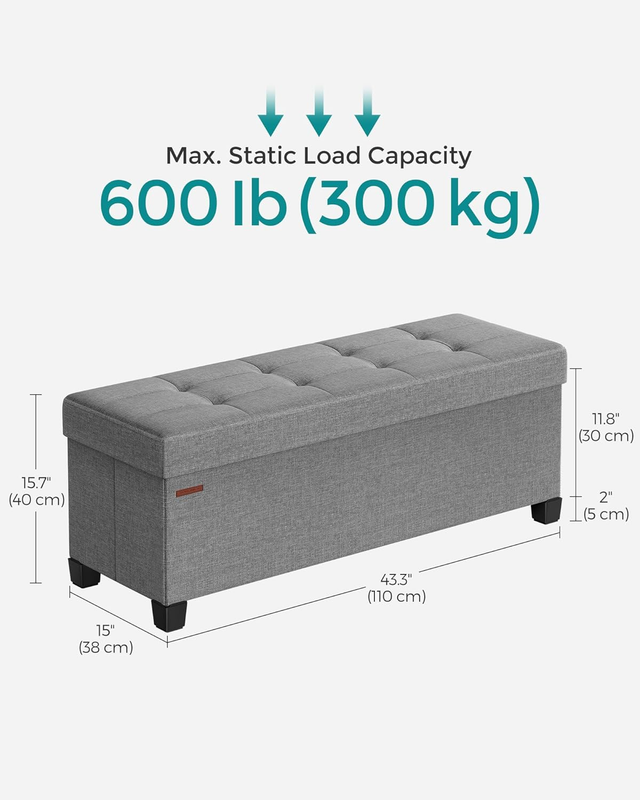 Storage Ottoman Bench, Foldable Foot Rest with Legs, 15 X 43 X 15.7 Inches, End 1