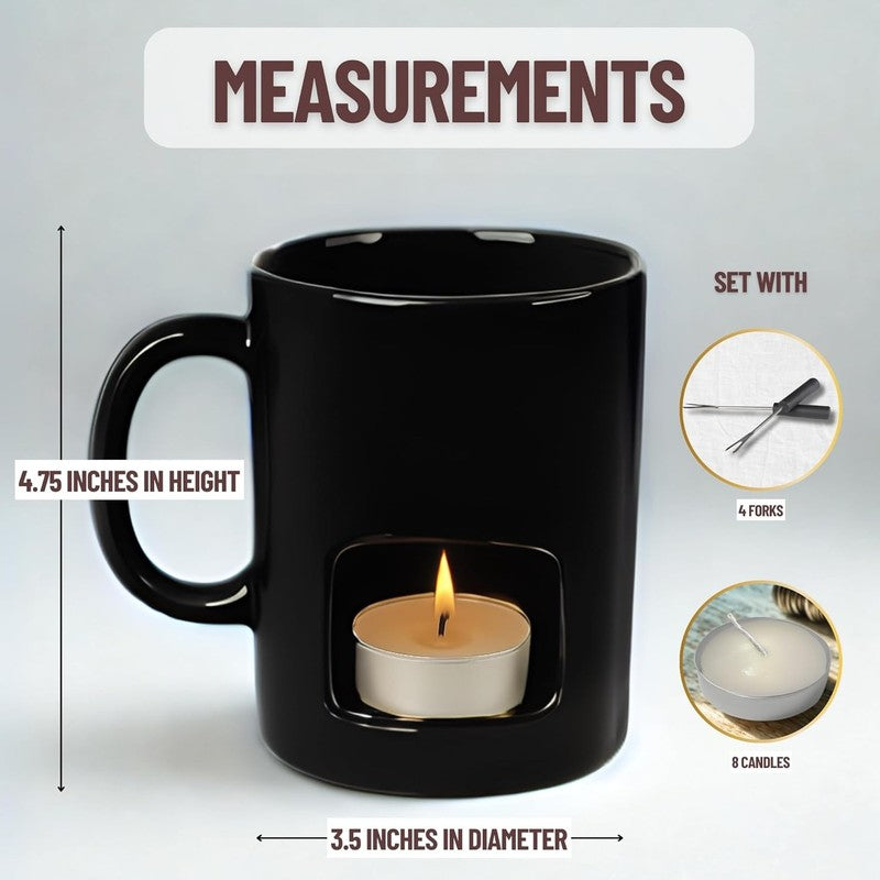 Mini Fondue Mug Set (2 Pack), Ceramic, 4 Forks, 8 Candles, Chocolate/Cheese Gift5