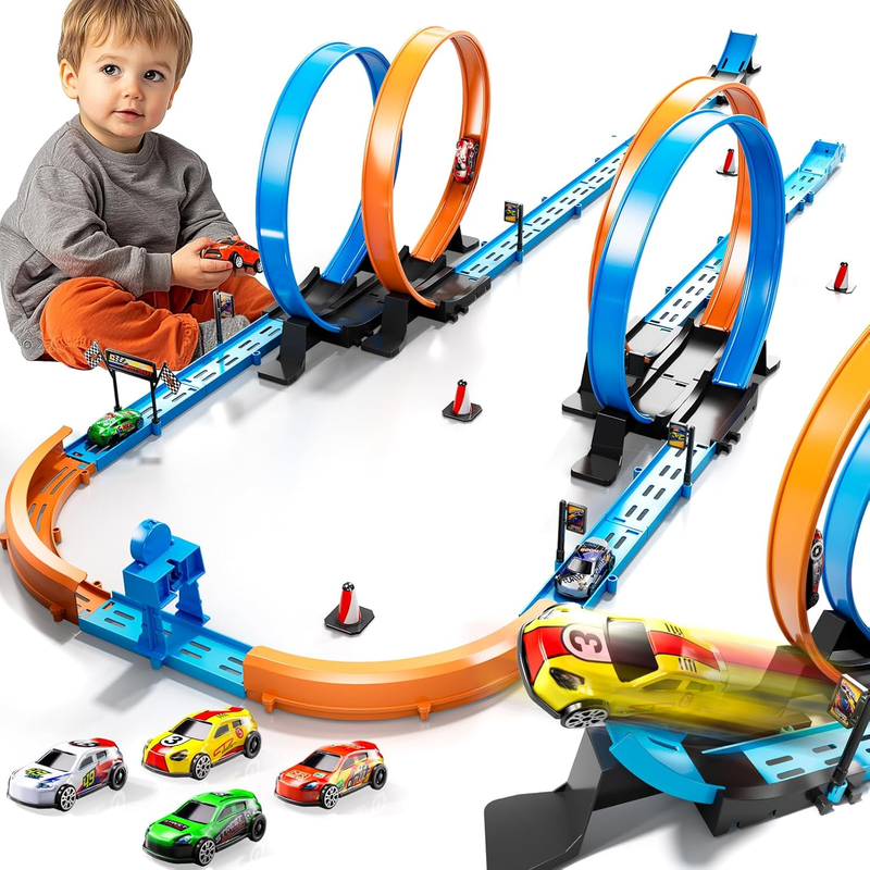 Toy Car Track Gift Set for Boys Kids Age 3 5 4 7 8 12, Long Race Tracks with 4 A9