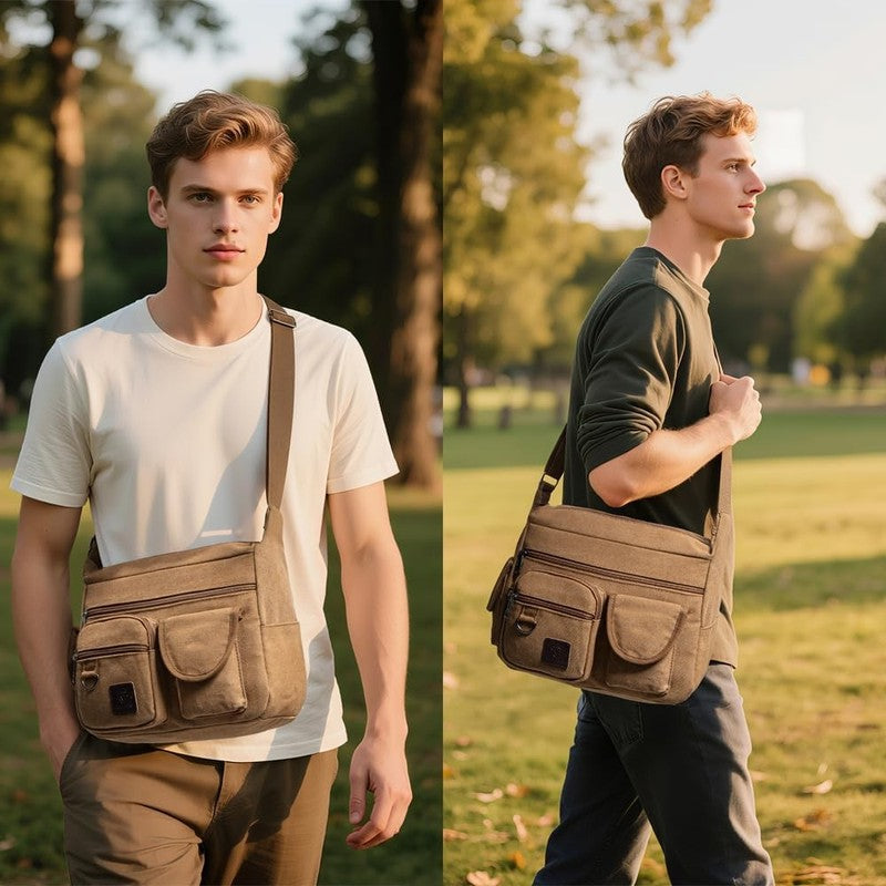 Canvas Shoulder Bag Men Multi Pockets 13 Inch Laptop Crossbody Sling Travel Bag1
