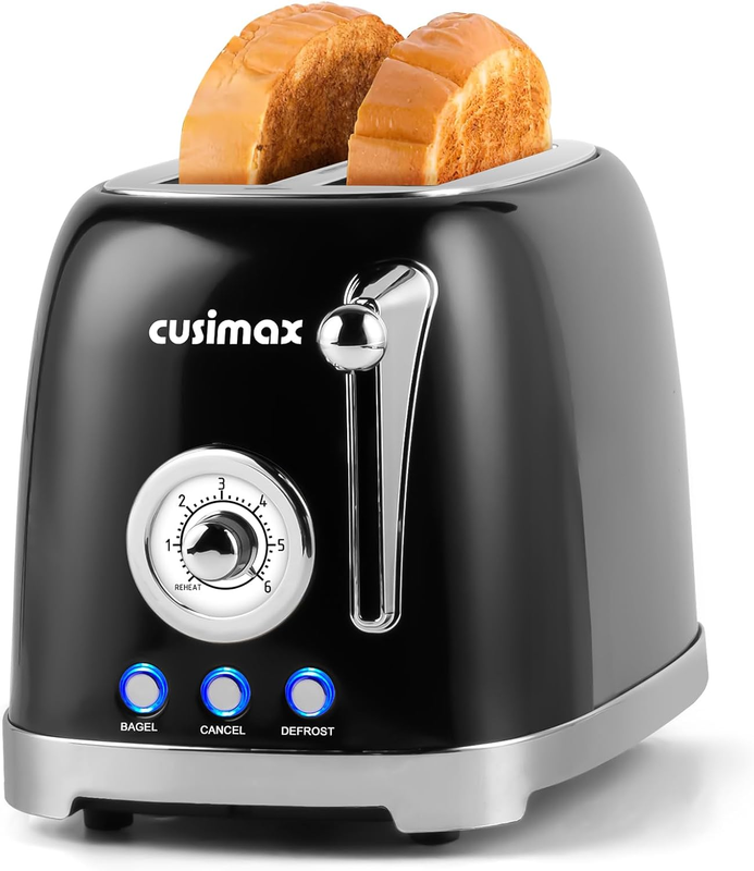 Retro 2 Slice Toaster Black - Wide Slots, 6 Settings, Bagel, Cancel, Defrost6