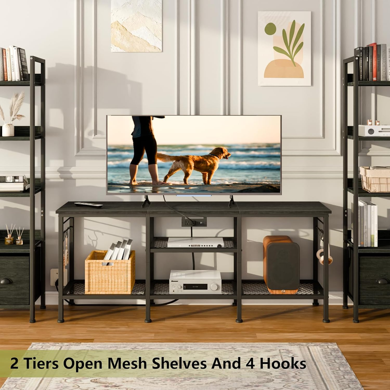 TV Stand with Power Outlets, Entertainment Center with Open Storage Shelves for 4