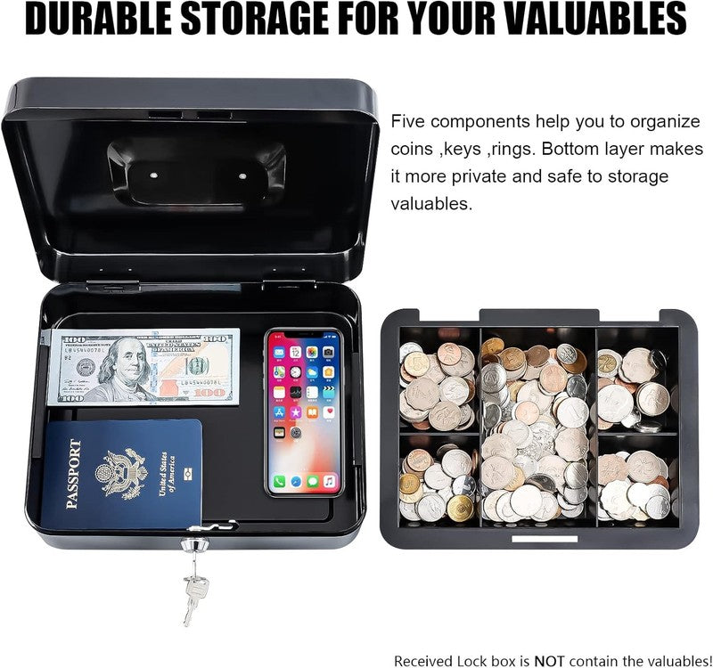 Secure Large Metal Cash Box with Lock & Tray - 9.84"x7.87"x3.54" Black3