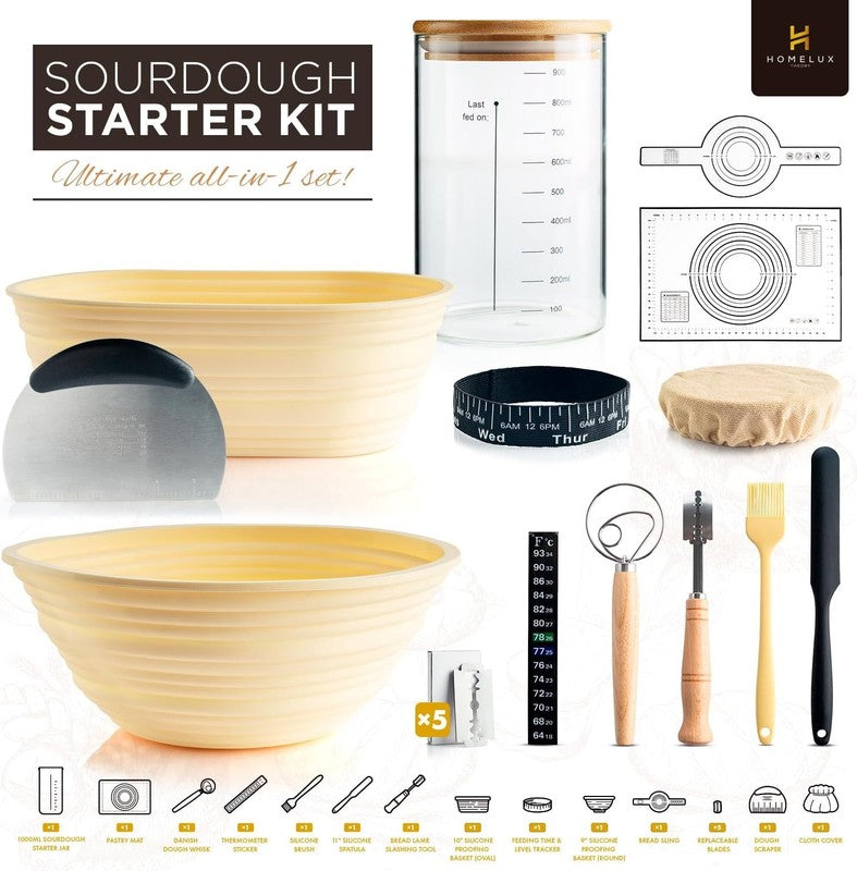 Sourdough Starter Kit 14pcs   Yellow Banneton Proofing Basket & Baking Supplies1
