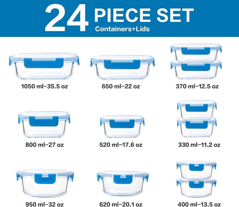 24 Piece Glass Meal Prep Containers Airtight Snap Lock Lids Blue1