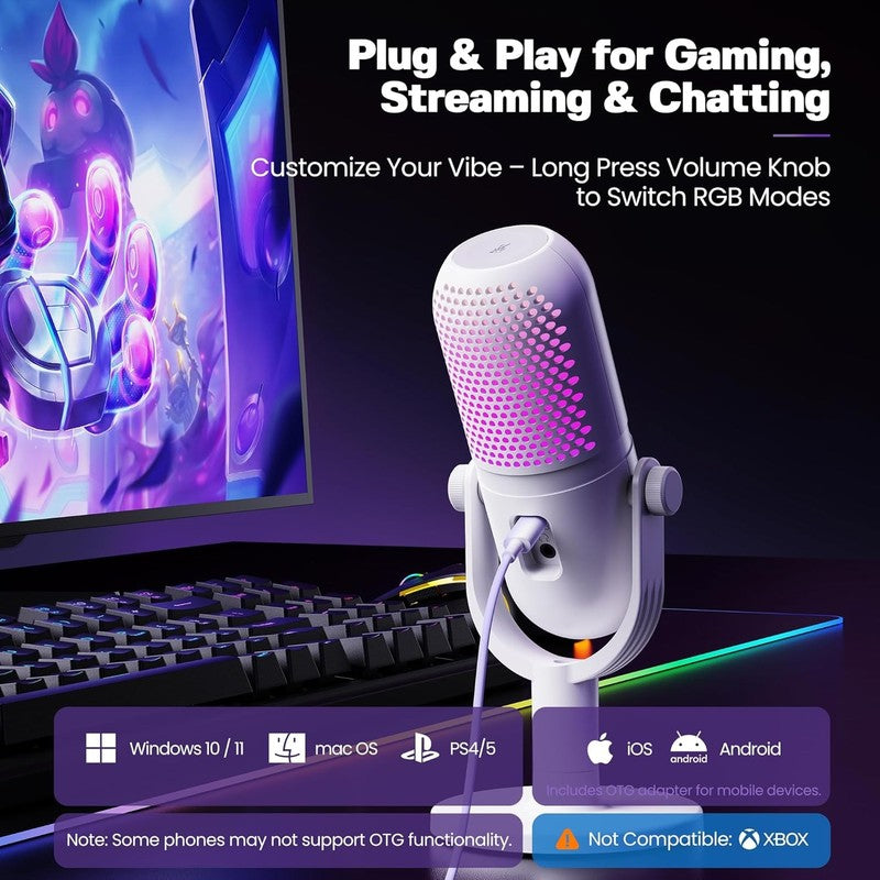USB RGB Condenser Microphone for PC Gaming with Stand & Quick Mute White4