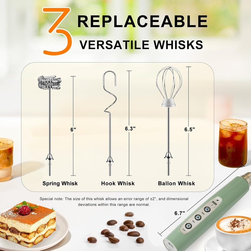 Milk Frother Handheld Rechargeable 3 Speed 3 Heads Coffee Whisk Green3