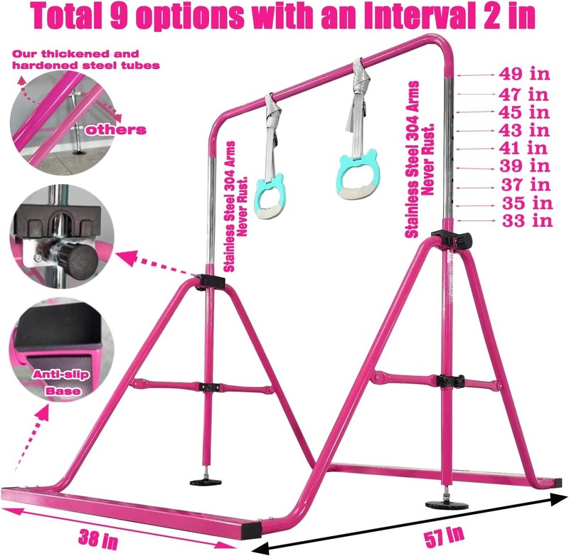 Folding Kids Gymnastics Bar w/ Rings Sturdy Kip Bar Horizontal Home Gym2