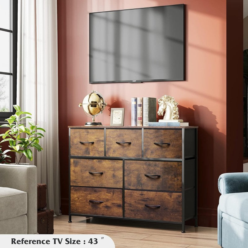 7 Drawer TV Stand Dresser Rustic Brown Wood Grain Metal Frame Storage Chest1