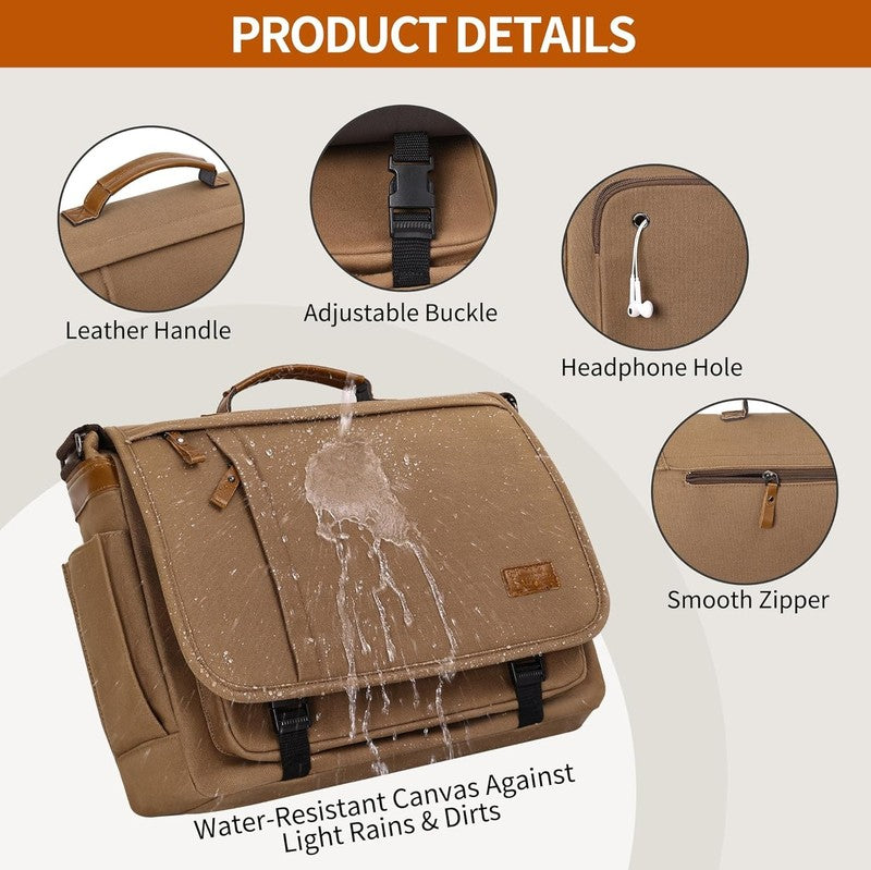 Mens Messenger Bag 17 17.3" Laptop Canvas Water Resistant Work Brown6