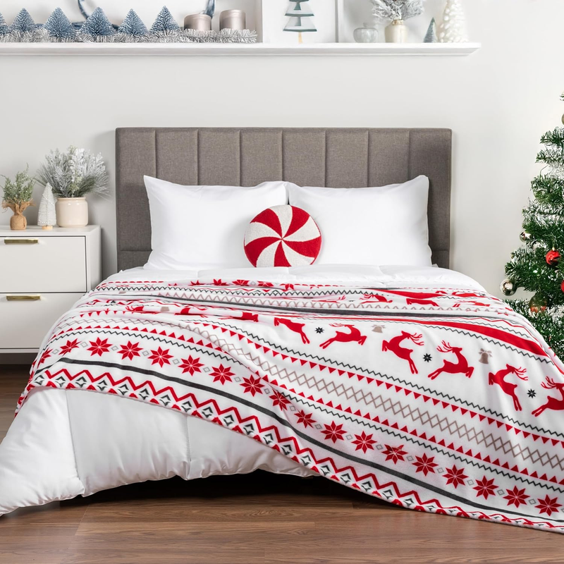 Christmas Throw Blanket White Reindeer Snowflake Fleece Soft Warm Plush 50"x60"6