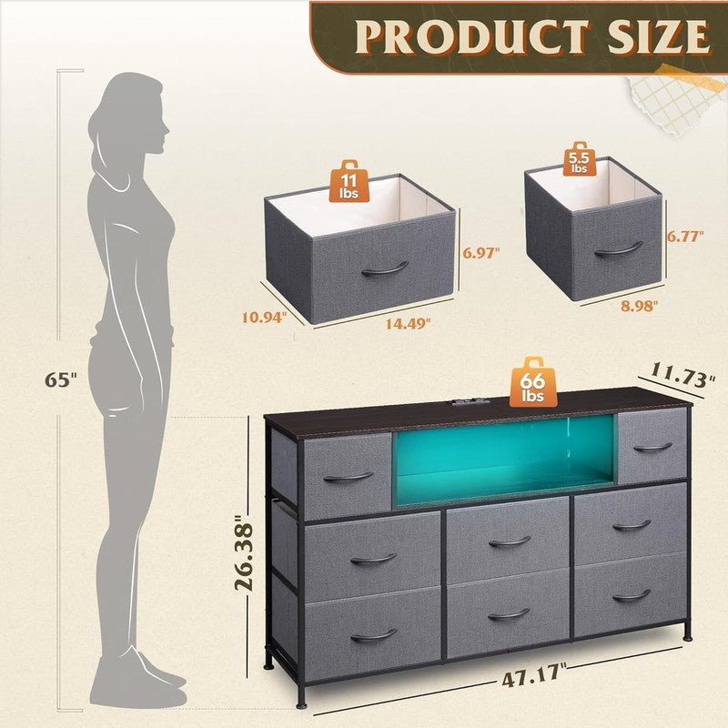 Grey TV Stand Dresser LED Lights Charging Station 8 Fabric Drawers Open Shelves8