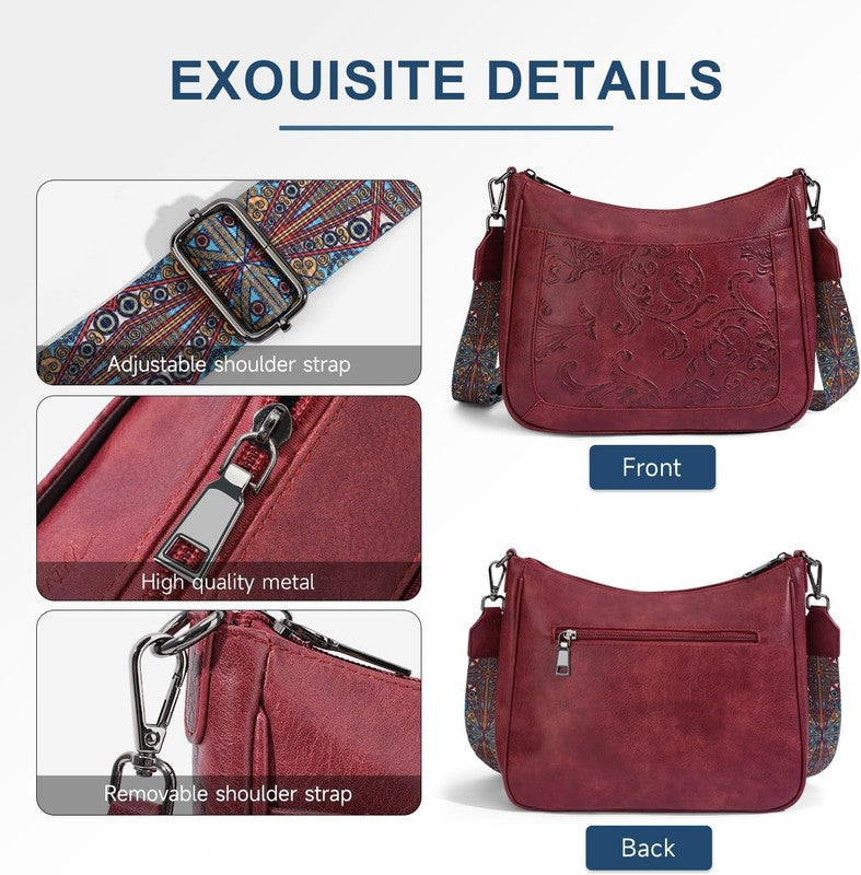 Women Crossbody Bag Vegan Leather Embossed Flower Multi Pocket Strap Hobo Bag5