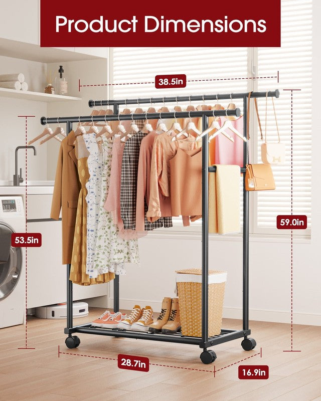Clothes Rack with Double Hanging Rods and Bottom Shelf, Rolling Metal Garment Ra10