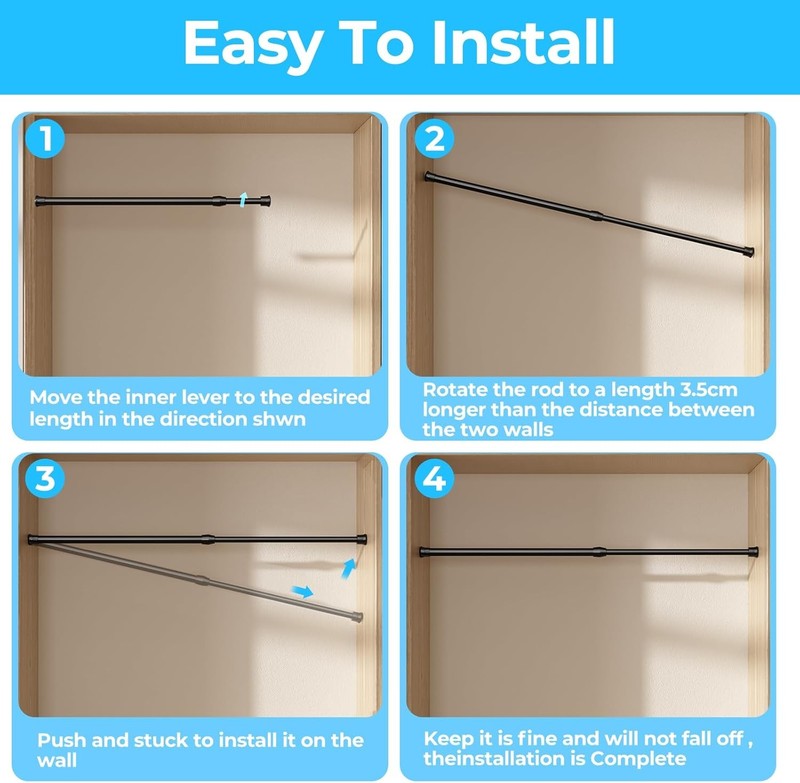 Adjustable 4Pcs Black Tension Rods 16.5-28 Inch for No-Drill Curtains7