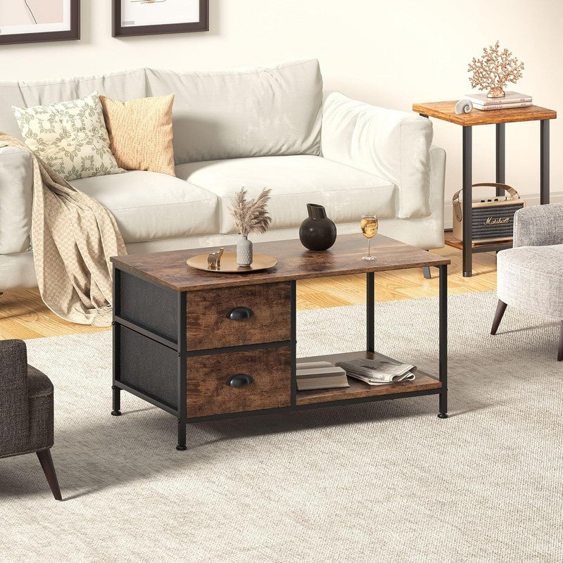 2 Tier Brown Coffee Table with Drawers, Wood & Metal, Living Room Table1