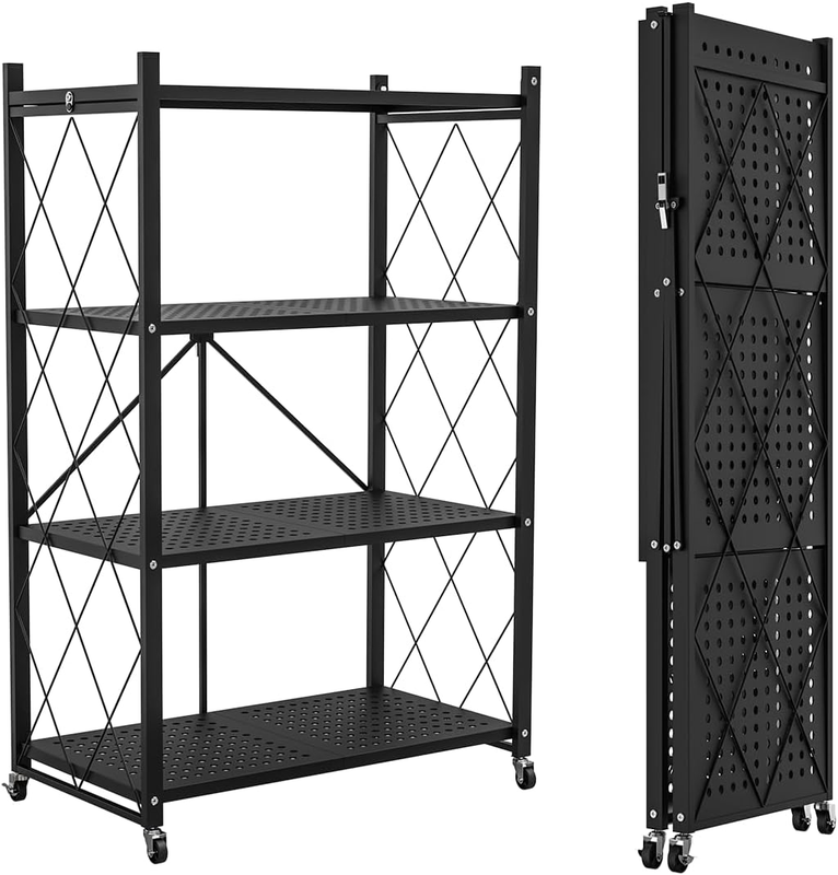 4 Tier Foldable Storage Shelf w Wheels Metal Rolling Rack for Kitchen Pantry6