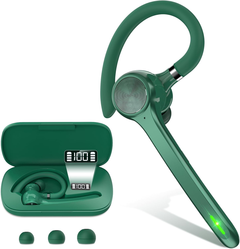Bluetooth Headset V5.1 Wireless Earpiece 72H Talk 500mAh Case Hands Free Green0