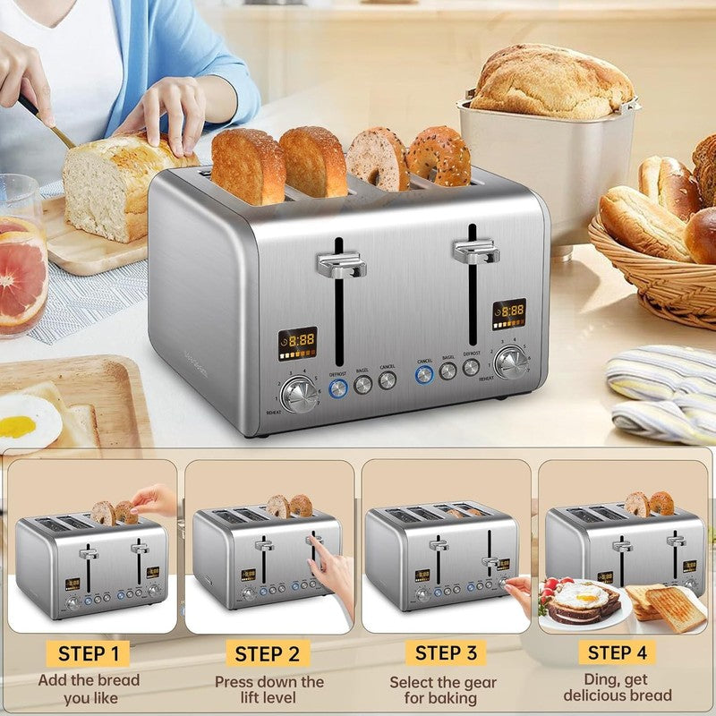 4 Slice Stainless Toaster Silver - LCD Display, 7 Shades, Bagel, Defrost, 1800W4