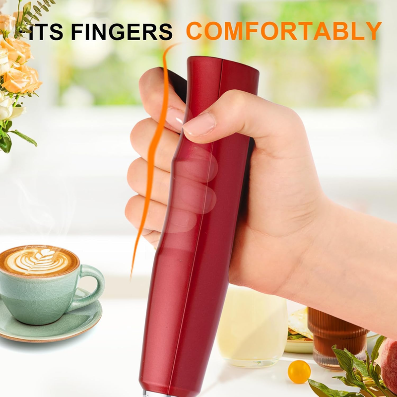 Milk Frother Handheld USB Rechargeable 3 Speed 3 Heads Coffee Whisk Red4