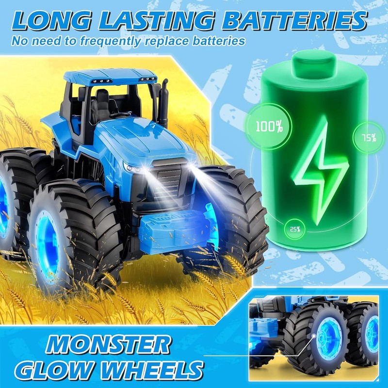 Remote Control Tractor Toys, Light up Farm Monster Trucks Toy for Boys 3, 4, 5, 3