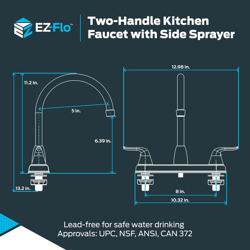 Two-Handle High-Rise Kitchen Faucet with Sidespray, Stainless Steel, EZ-102015