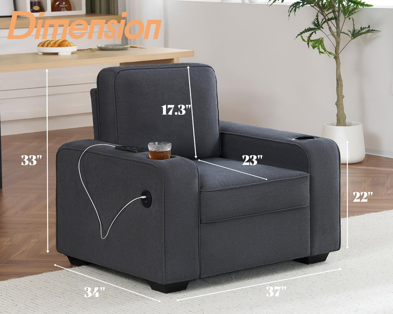 Chenille Sofa Chair Cup Holders USB Ports Upholstered Living Room Charcoal Grey1