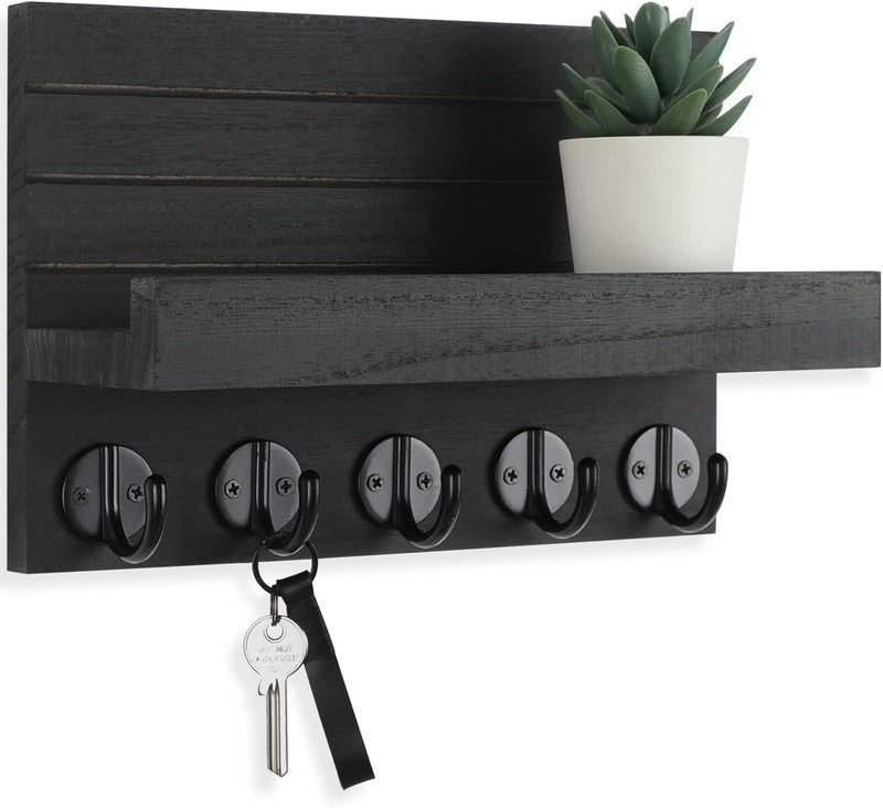 Key Holder for Wall, Decorative Key and Mail Holder with Shelf Has Large Hooks f1