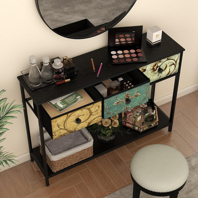 Black Entryway Console Table Boho Farmhouse Sofa Table 3 Fabric Drawers Shelf2