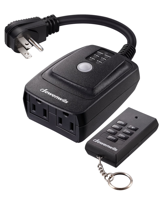 Outdoor Light Sensor Timer w/ Remote, 2 Outlets, 100FT Range, Waterproof Plug in7