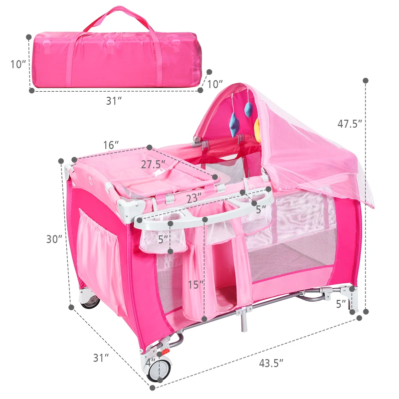 Foldable Baby Crib Playpen Travel Infant Flat Bassinet Bed Mosquito Net Music wi2