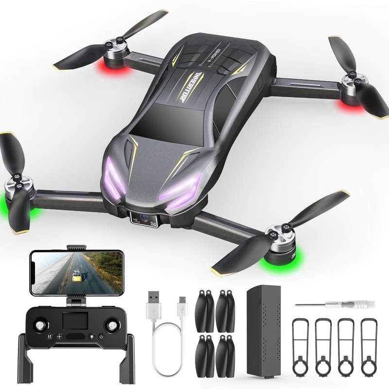 D12 2 in 1 Racing Car Drone w/ Camera LED Lights 2 Batteries Gray for Kids0