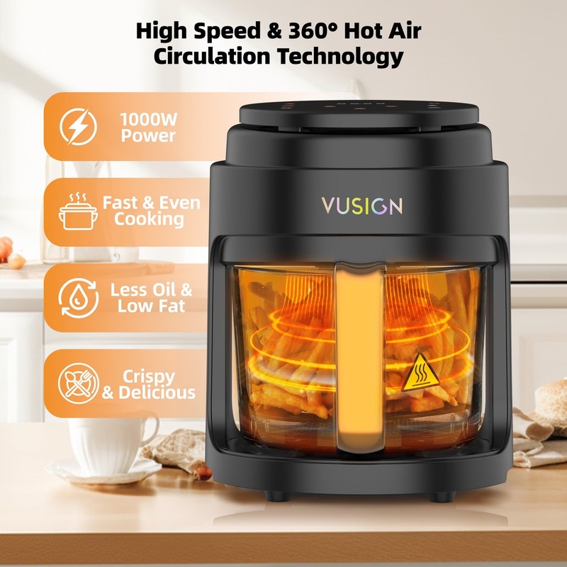 Black 5QT 1000W Digital Air Fryer Glass Pot Nonstick Dishwasher Safe6