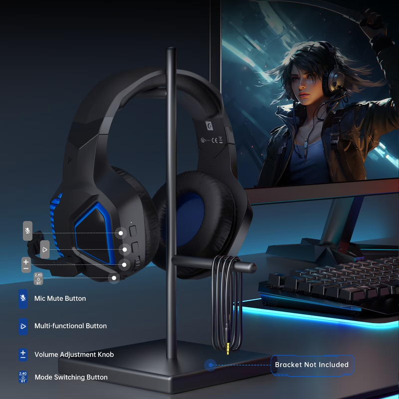 Wireless Gaming Headset 2.4G USB PS5 PC Switch Mac Bluetooth Mic Black Blue6