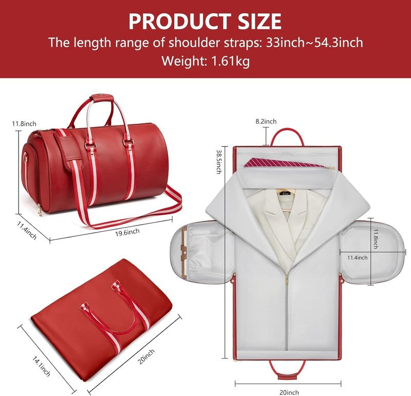 Women Leather 2in1 Garment Duffle Bag Red Waterproof Suit Travel Carry On3