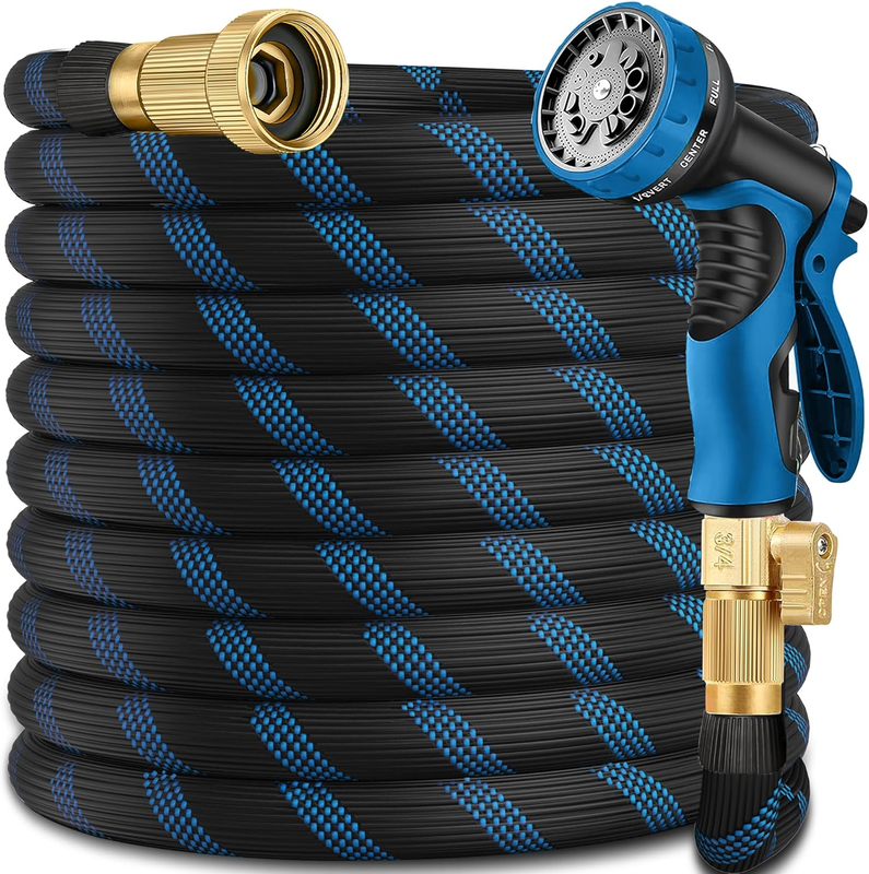 50Ft Garden Hose, 10-Function Nozzle, Leakproof, Brass Connectors, Blue Black10
