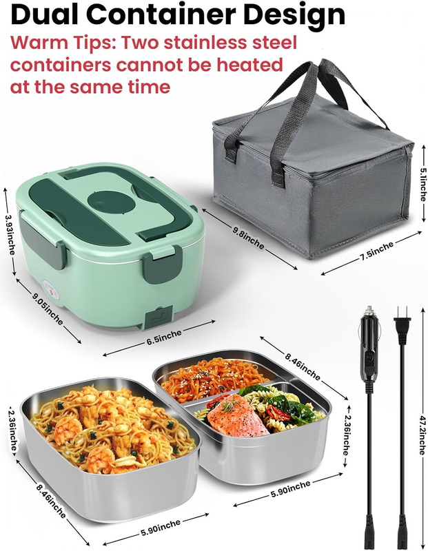 Electric Lunch Box Fast Heating Portable Food Warmer 2x53oz Stainless Steel4