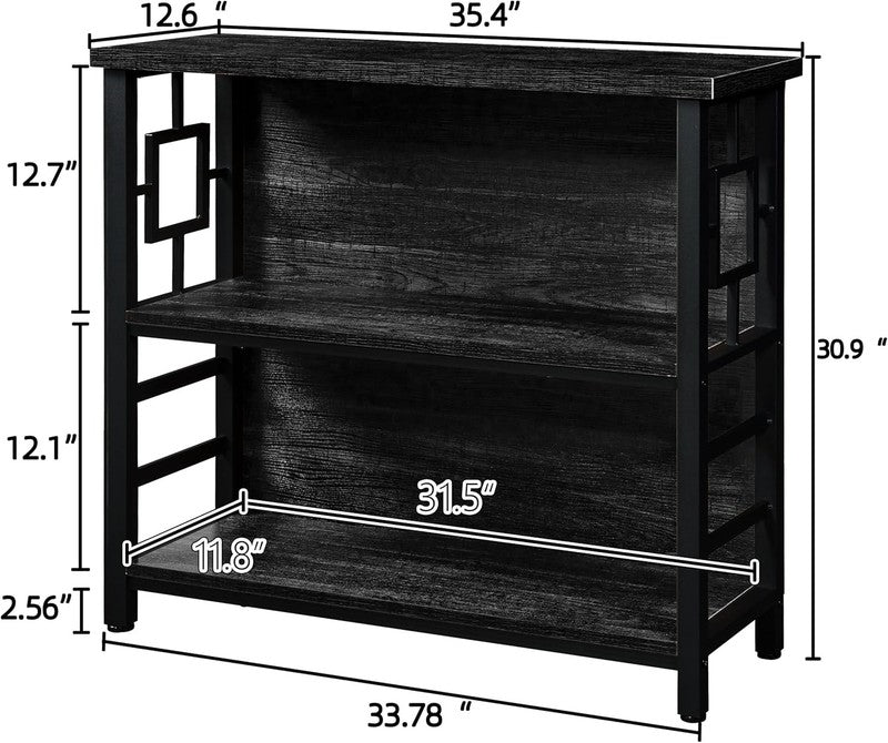 3 Tier Bookshelf Black Engineered Wood Metal Storage Bookcase Low Shelf1