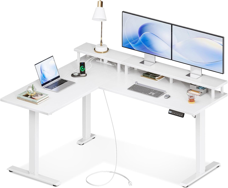 Electric L Shaped Standing Desk, 59 Inch Height Adjustable Office Desk White7