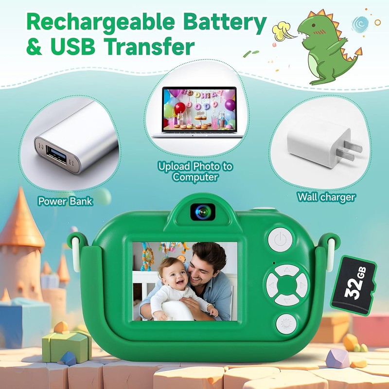 48MP Kids Camera Dual Lens 1080P HD Selfie Toy Camera Boys 3-9 w/ 32GB SD6