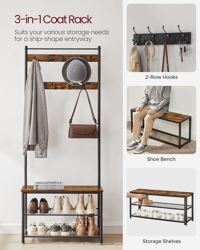Coat Rack, Hall Tree with Shoe Storage Bench, Entryway Bench with Shoe Storage, 2