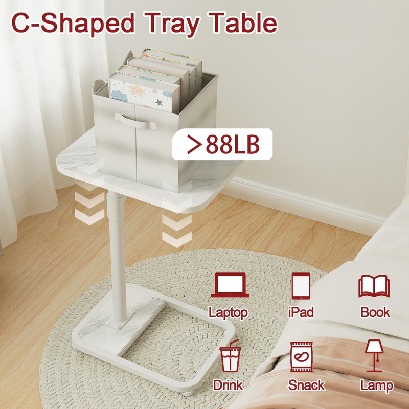 C-Shaped Adjustable TV Tray Side Table White Marble Wood4