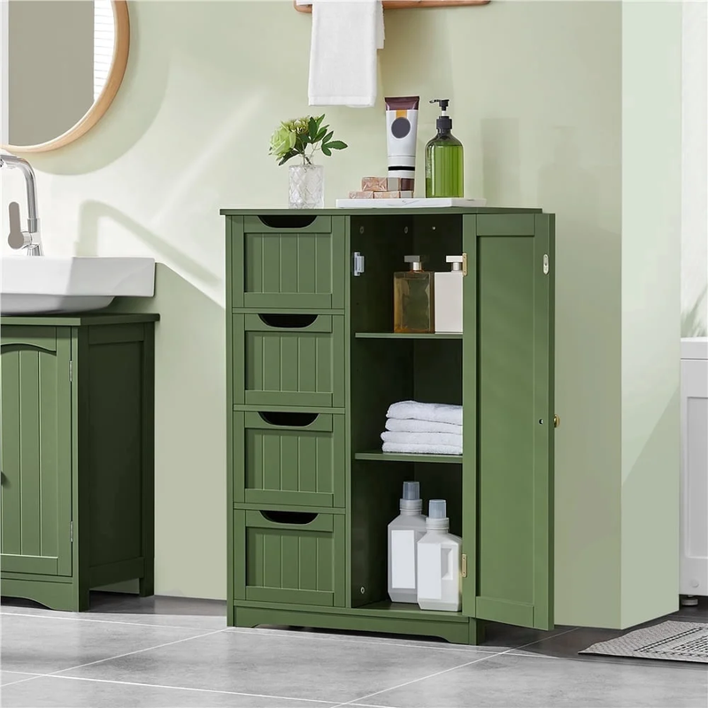 Modern Wooden Bathroom Storage Cabinet with 4 Drawers and Cupboard, Green8