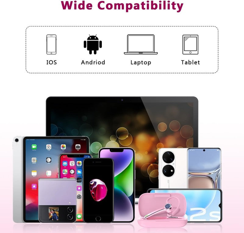 Bluetooth Headset V5.1 Wireless Earpiece 72H Talk 500mAh Case Hands Free Pink6