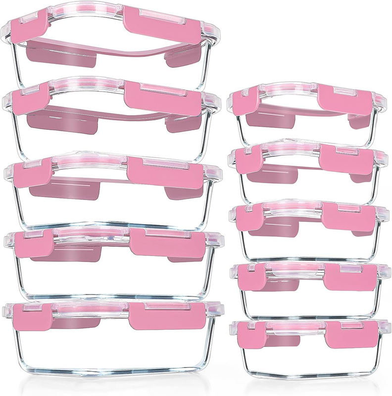 10 Pack Airtight Glass Meal Prep Containers Stackable Lids Pink9