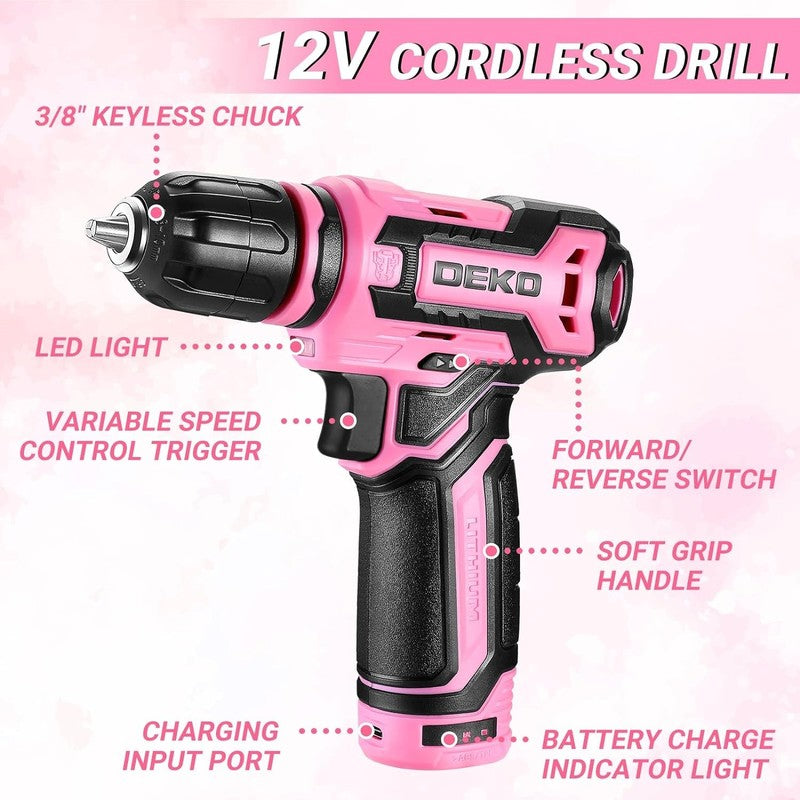 12V Cordless Drill Tool Kit Pink Home Repair Toolbox Combo w Organizer Case3