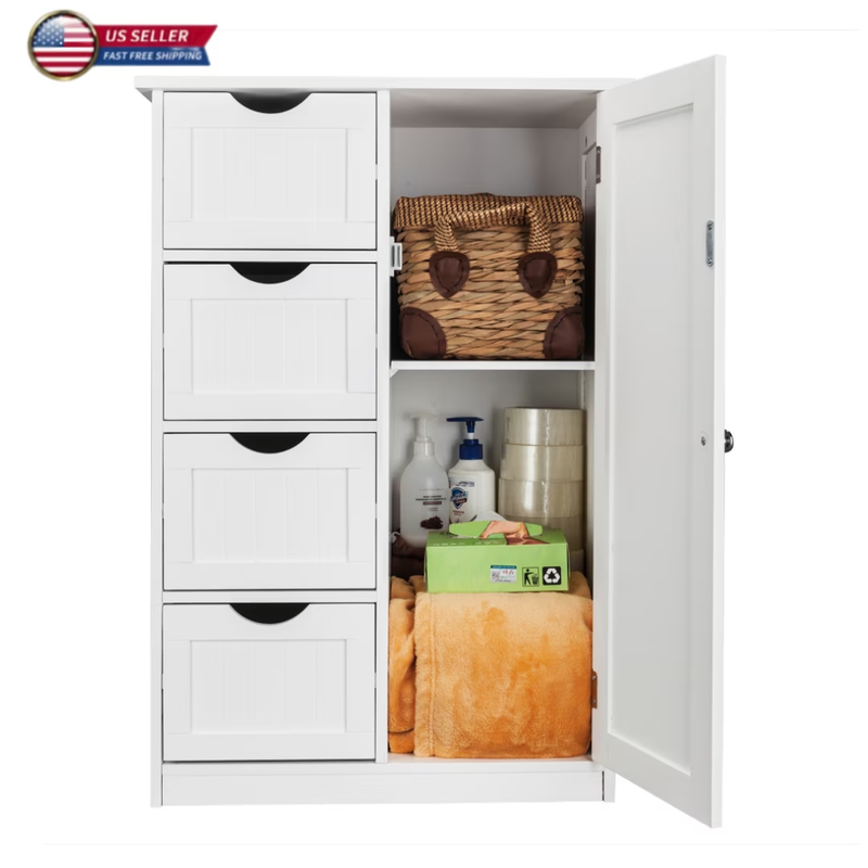 Bathroom Floor Cabinet with Door and 4 Drawers, Freestanding Storage Cabinet for8